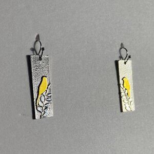 Silver/Gold Tone Rectangle Pendant with Simple Bird/Leaf Design Earrings